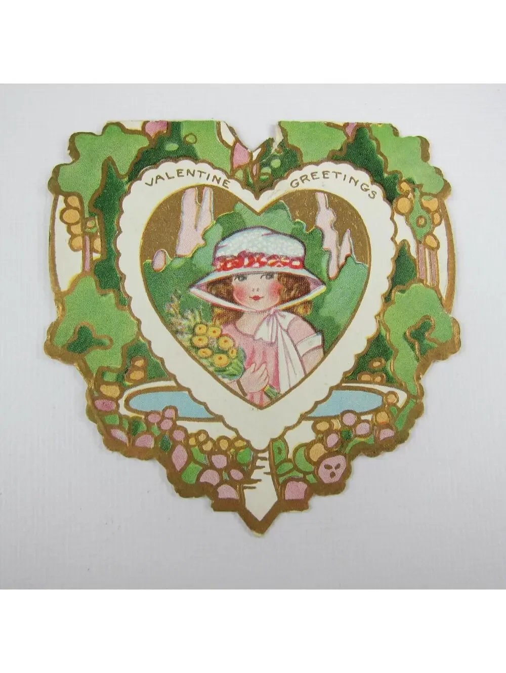 Vintage Valentine Card Die cut Girl Pink Dress & Hat Yellow Flowers Green & Gold